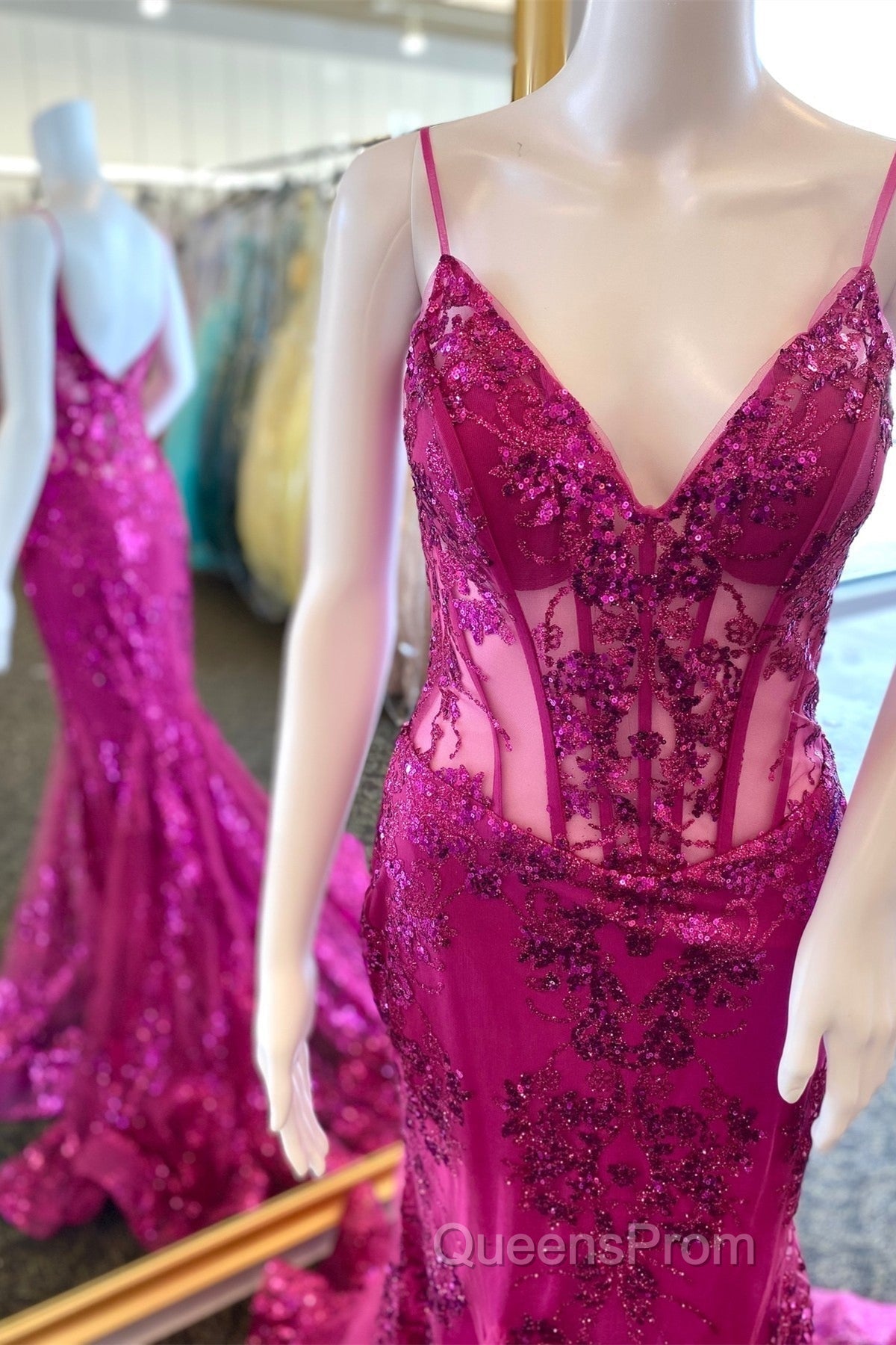 Fuchsia Mermaid Sequined Embroidery Tulle Long Evening Prom Dress Secondary image
