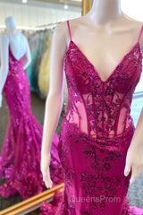 Fuchsia Mermaid Sequined Embroidery Tulle Long Evening Prom Dress