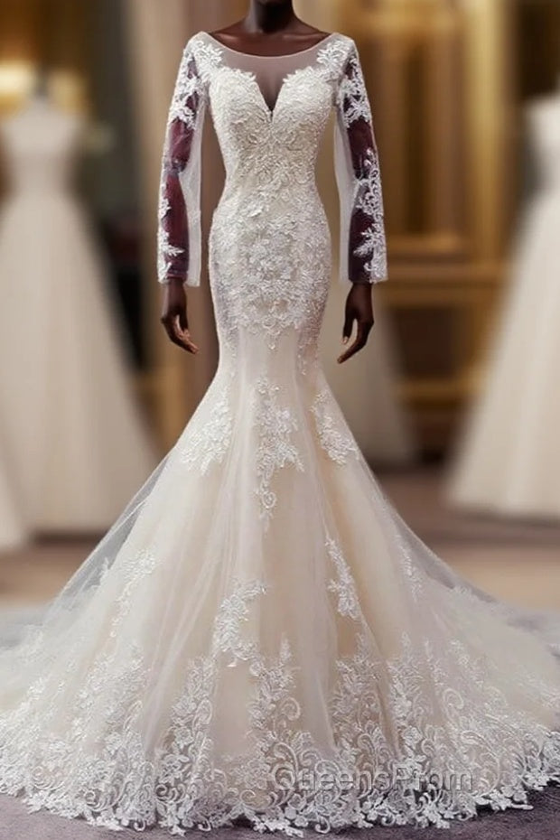 Autumn Long Sleevess Mermaid Lace appliques Ivory Wedding Dress Main image