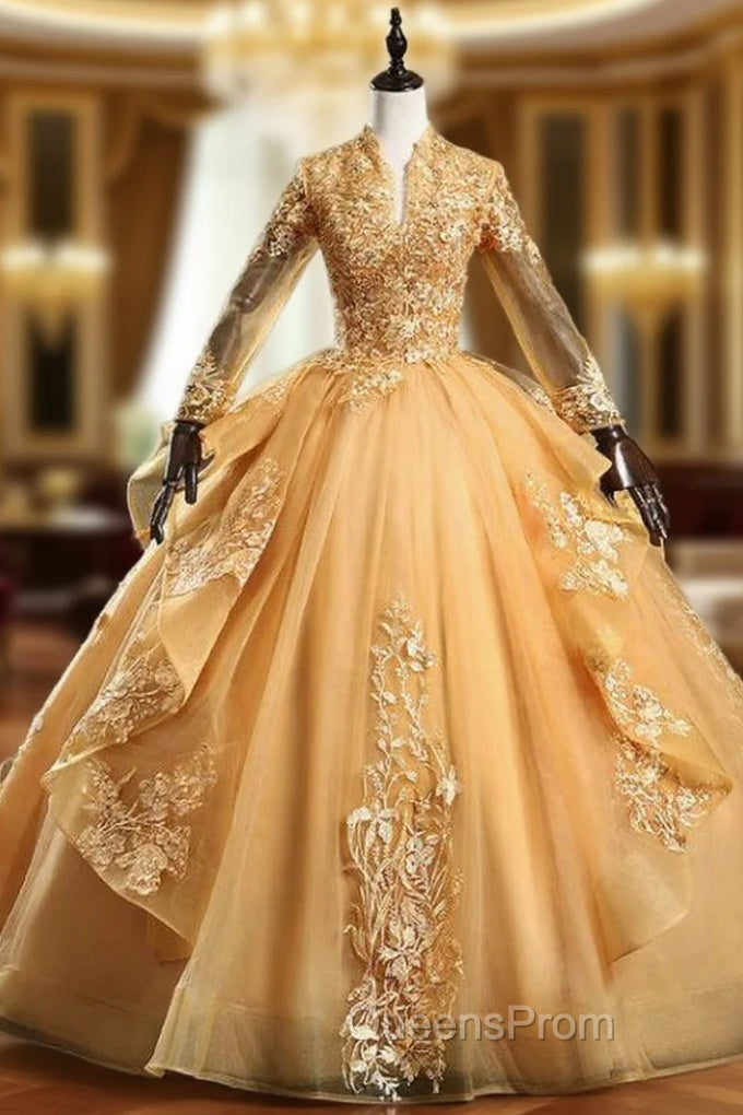 Available In Sizes 0-24 Gold Ball Gown Tulle Appliques Long Sleeve Backless Quinceanera Dress Main image