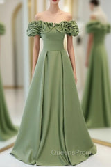 Avocado Green Satin Off the Shoulder Evening Prom Dress