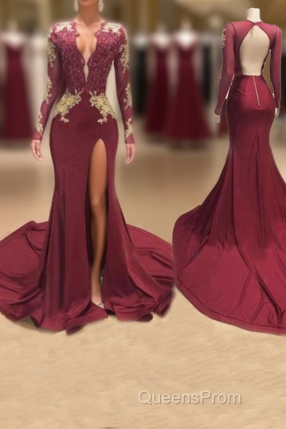 Awesome V-neck Long Sleeve High Slit Mermaid Evening Prom Dress Main image