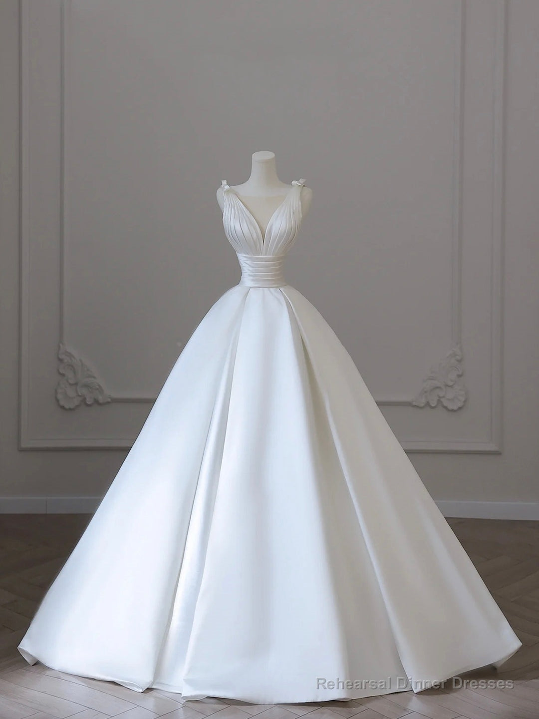 White V-Neck Satin Long Formal Dress, Elegant A-Line Wedding Party Dress Main image