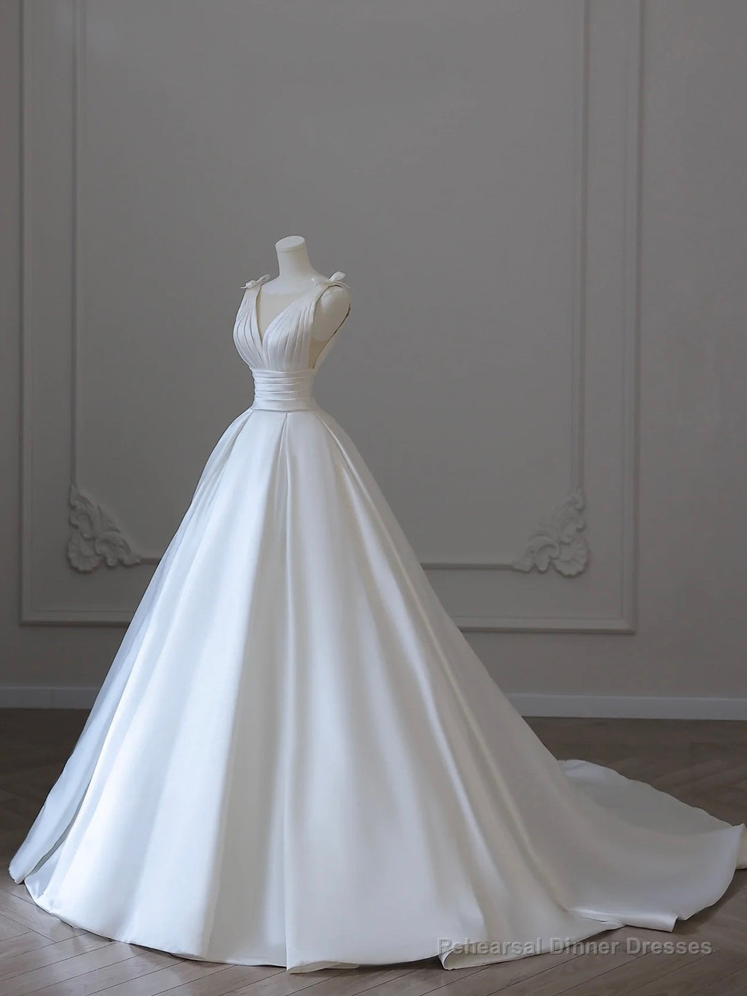 White V-Neck Satin Long Formal Dress, Elegant A-Line Wedding Party Dress Secondary image