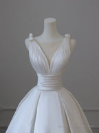 White V-Neck Satin Long Formal Dress, Elegant A-Line Wedding Party Dress