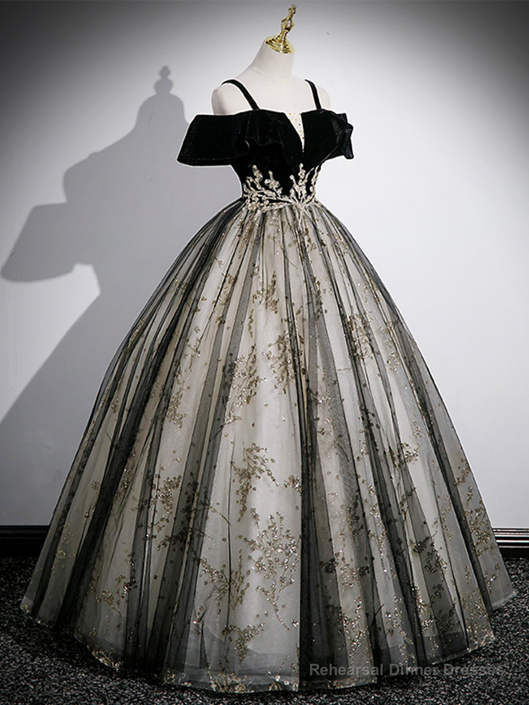 Black Velvet Tulle Sequins Floor Length Prom Dress, Off the Shoulder Evening Party Dress Main image