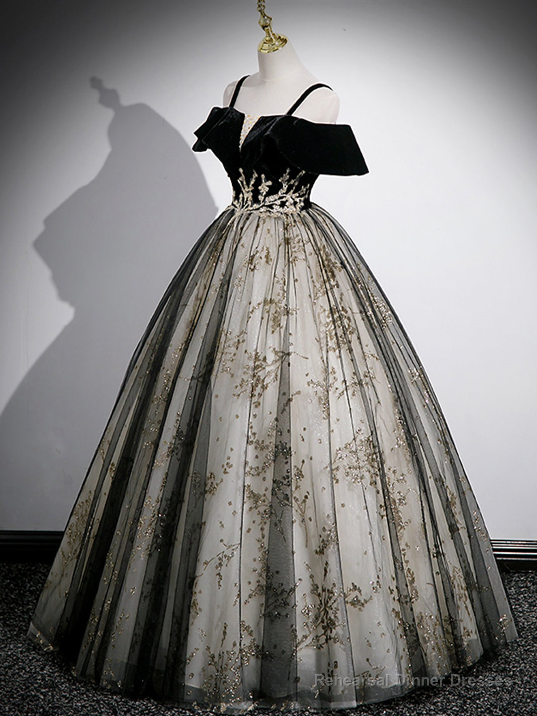 Black Velvet Tulle Sequins Floor Length Prom Dress, Off the Shoulder Evening Party Dress Secondary image