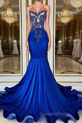 Royal Blue High Neck Sleeveless Mermaid Evening Prom Dress with Beadings