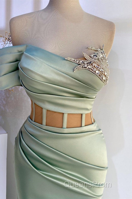 Off-the-Shoulder Mermaid Evening Prom Dress in Dusty Sage with Beads