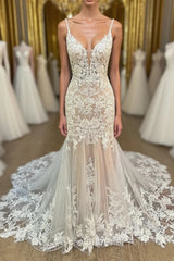 Elegant V Neck Mermaid Lace Appliques Wedding Dress