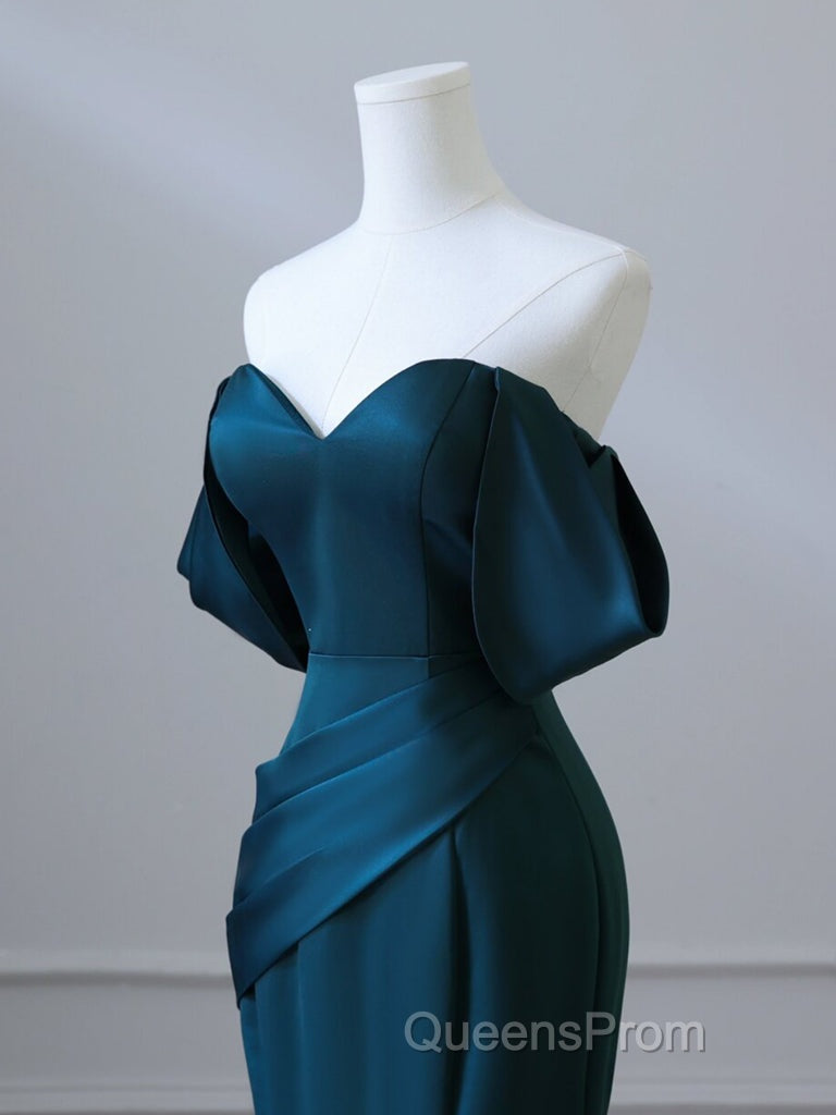 Simple Off Shoulder Satin Ink Blue Long Evening Prom Dress, Ink Blue Long Formal Dress