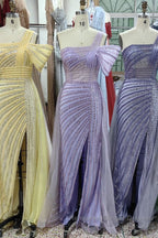 One-Shoulder Beading Sweep Train Backless Evening Dresses