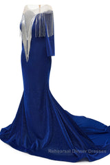 Deep V-neck Shiny Royal Blue Long sleeves Mermaid Semi Formal Prom Dresses