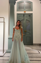 Baby Blue A Line Exquisite Beaded Tulle Classy Prom Dress Wedding Guest Dress