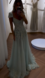 Baby Blue A Line Exquisite Beaded Tulle Classy Prom Dress Wedding Guest Dress