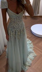Baby Blue A Line Exquisite Beaded Tulle Classy Prom Dress Wedding Guest Dress