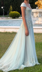Baby Blue A Line Exquisite Beaded Tulle Classy Prom Dress Wedding Guest Dress