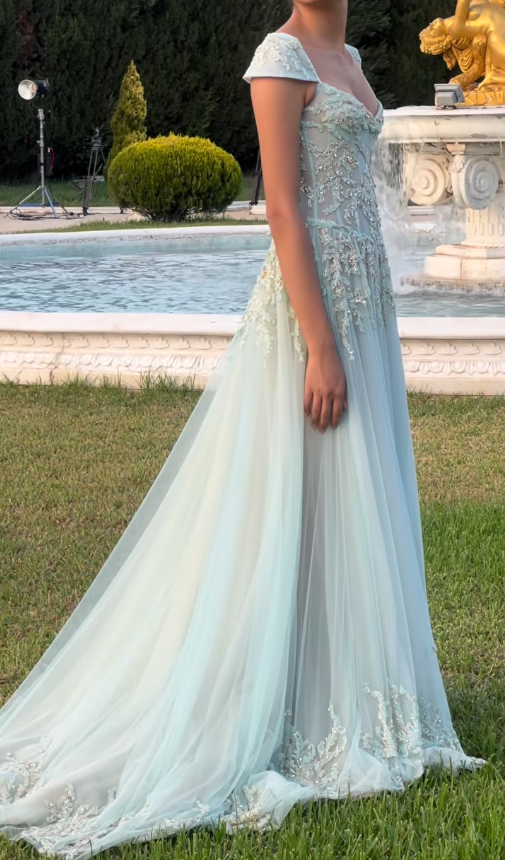 Baby Blue A Line Exquisite Beaded Tulle Classy Prom Dress Wedding Guest Dress