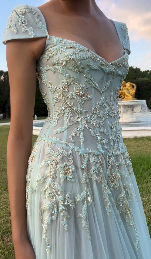 Baby Blue A Line Exquisite Beaded Tulle Classy Prom Dress Wedding Guest Dress