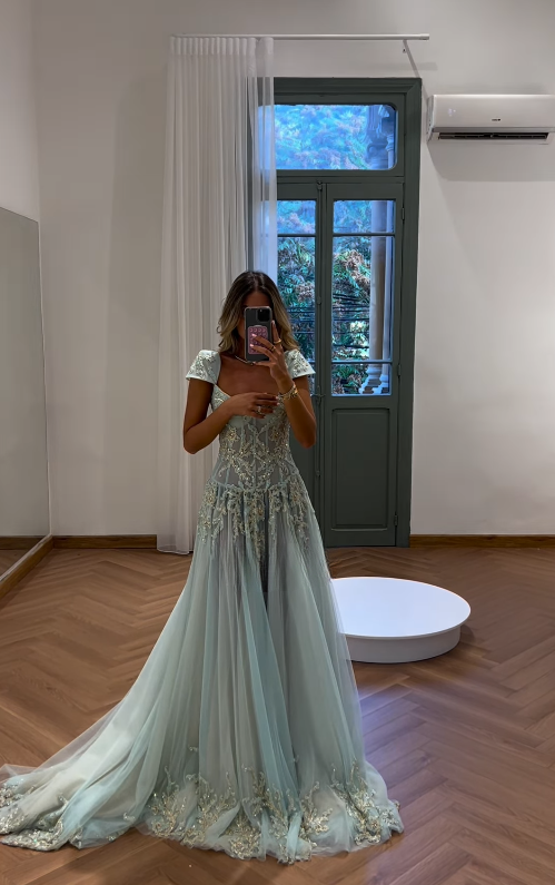 Baby Blue A Line Exquisite Beaded Tulle Classy Prom Dress Wedding Guest Dress