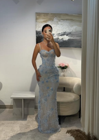Baby Blue Sheath V Neck Beaded 3D Floral Lace Classy Prom Dress Classy Evening Dress