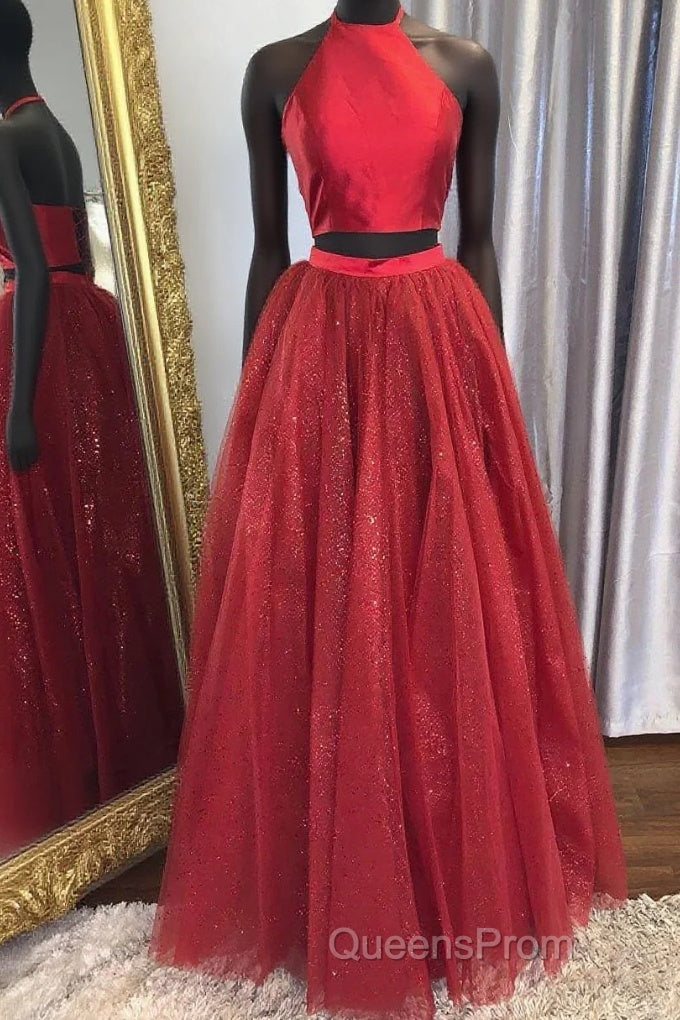Back Two Piece Halter Sparkle Lace-Up Red Long Evening Prom Dress Main image
