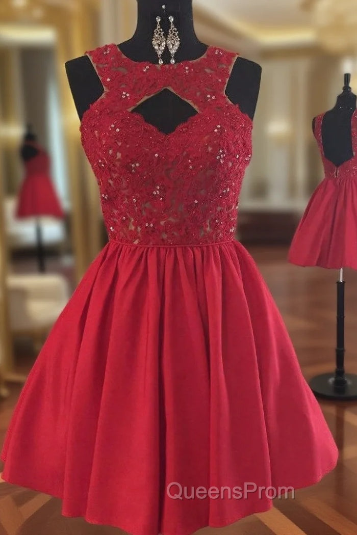 Backless Beaded Lace Red Satin Homecoming Dress Short Evening Prom Gowns Main image