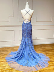 Backless Blue Lace Mermaid Evening Prom Dress, Open Back Lace Mermaid Evening Dress