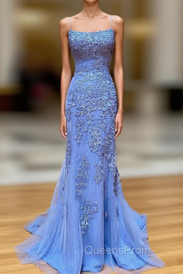 Backless Blue Lace Mermaid Evening Prom Dress, Open Back Lace Mermaid Evening Dress