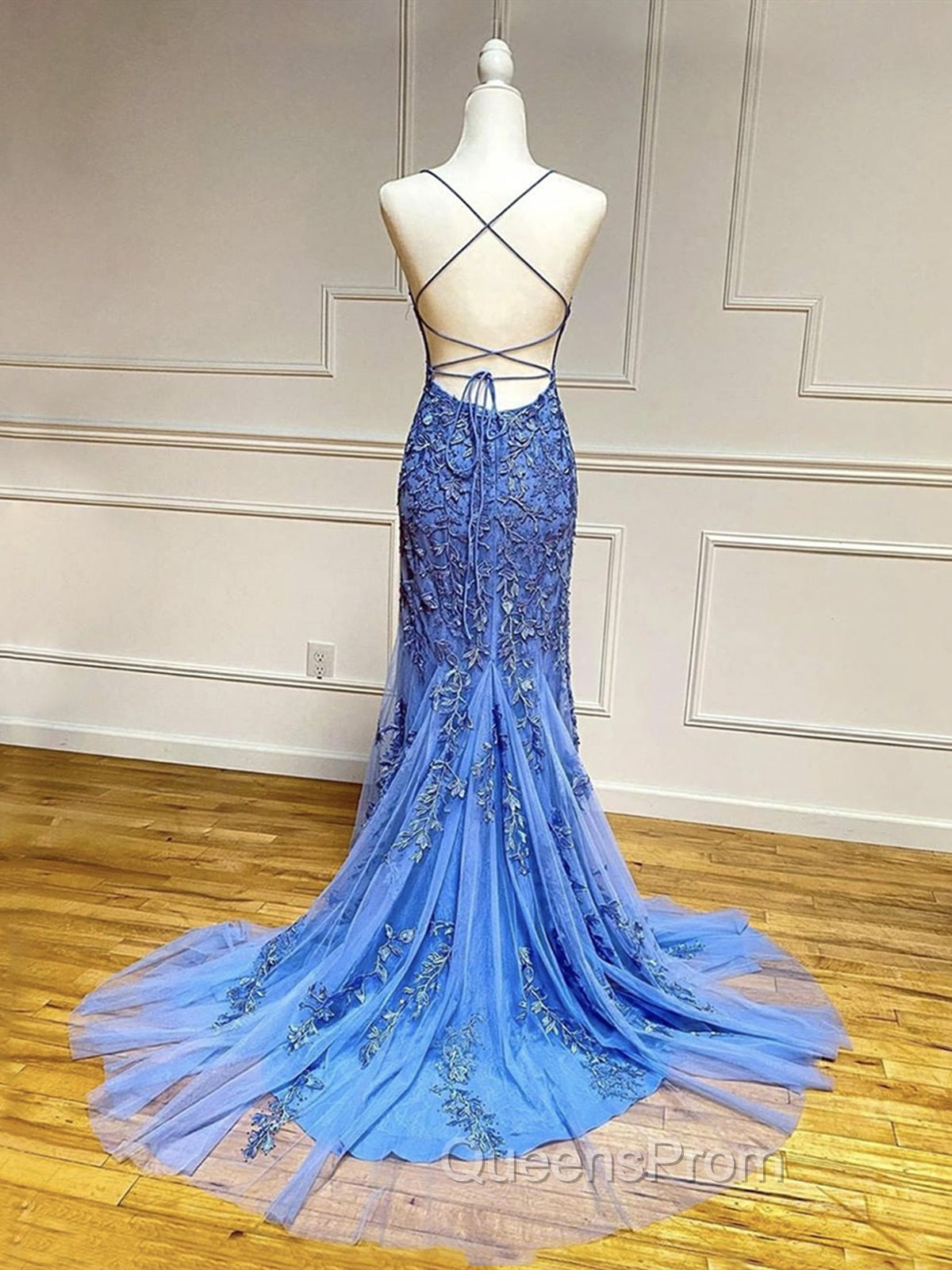 Backless Blue Lace Evening Prom Dress, Open Back Blue Lace Evening Graduation Dress Secondary image