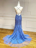 Backless Blue Lace Evening Prom Dress, Open Back Blue Lace Evening Graduation Dress