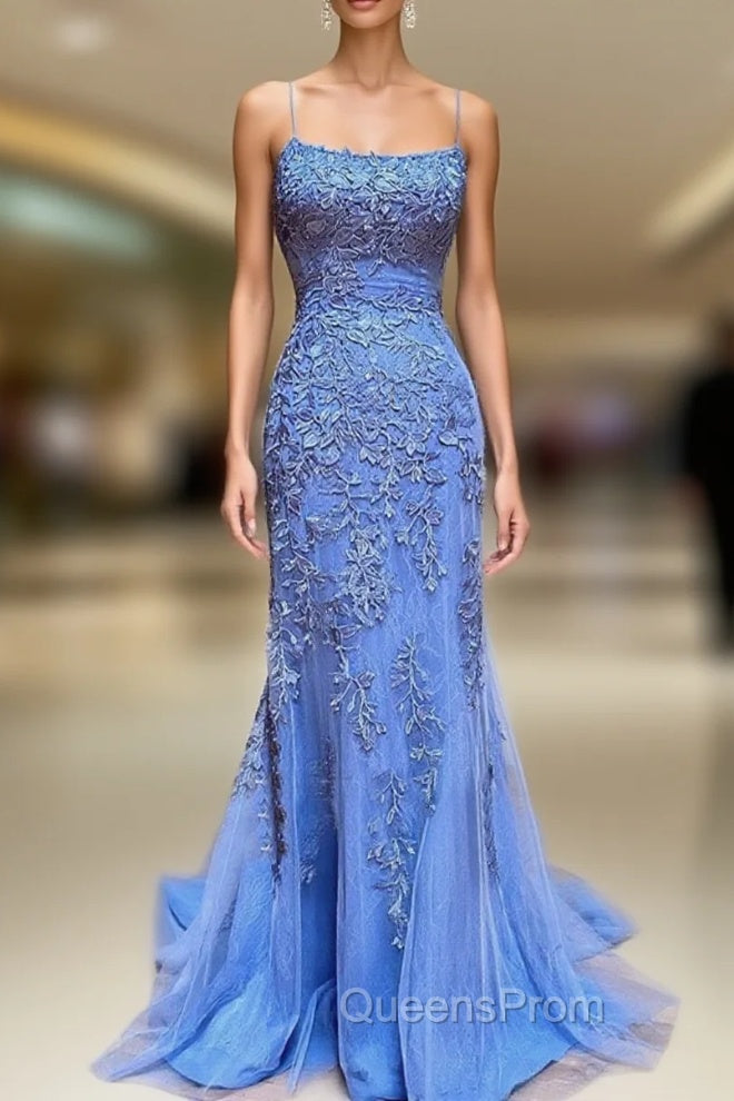 Backless Blue Lace Evening Prom Dress, Open Back Blue Lace Evening Graduation Dress Main image