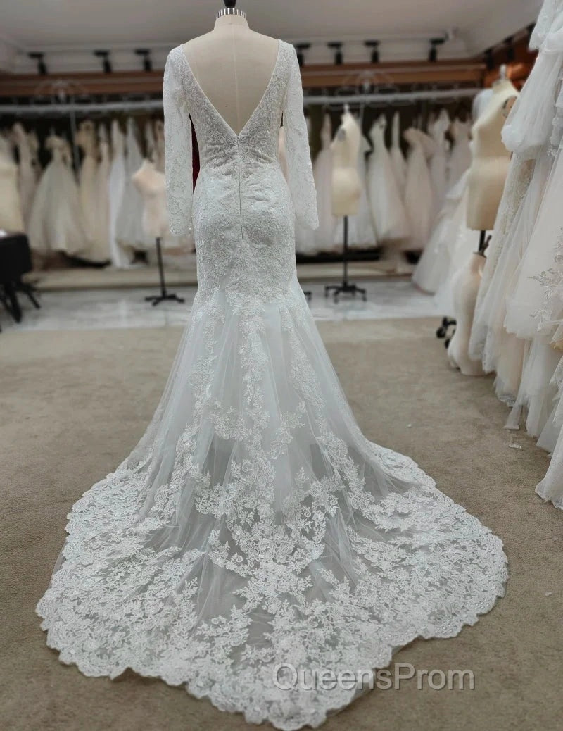 Backless Bohemian Simple V-Neck Long Sleeve Lace Wedding Dress With Train Secondary image