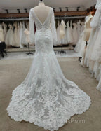 Backless Bohemian Simple V-Neck Long Sleeve Lace Wedding Dress With Train