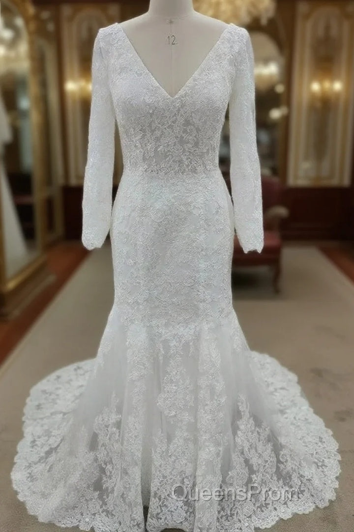 Backless Bohemian Simple V-Neck Long Sleeve Lace Wedding Dress With Train Main image