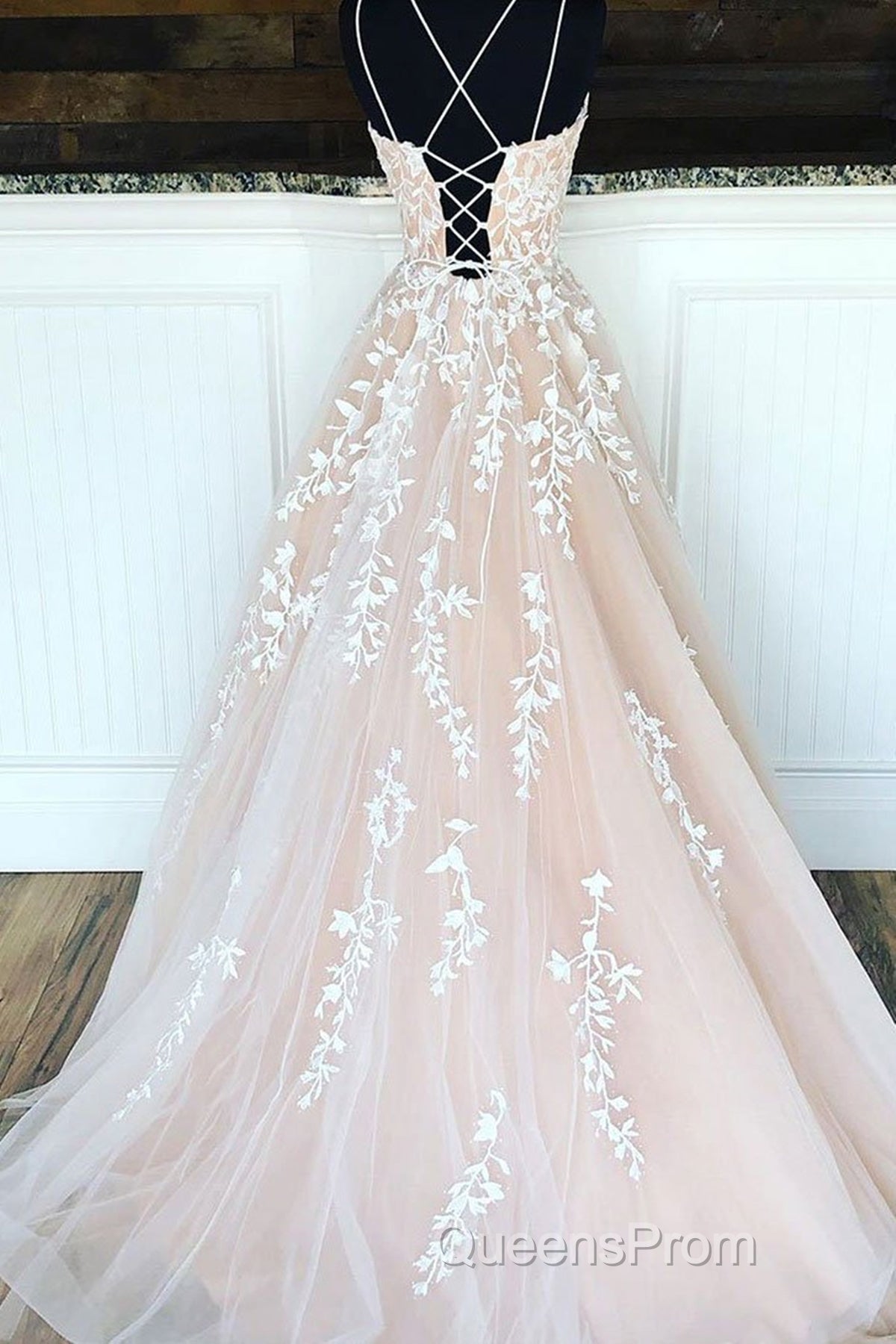Backless Champagne Lace Evening Prom Dress, Open Back Champagne Lace Formal Evening Dress Secondary image