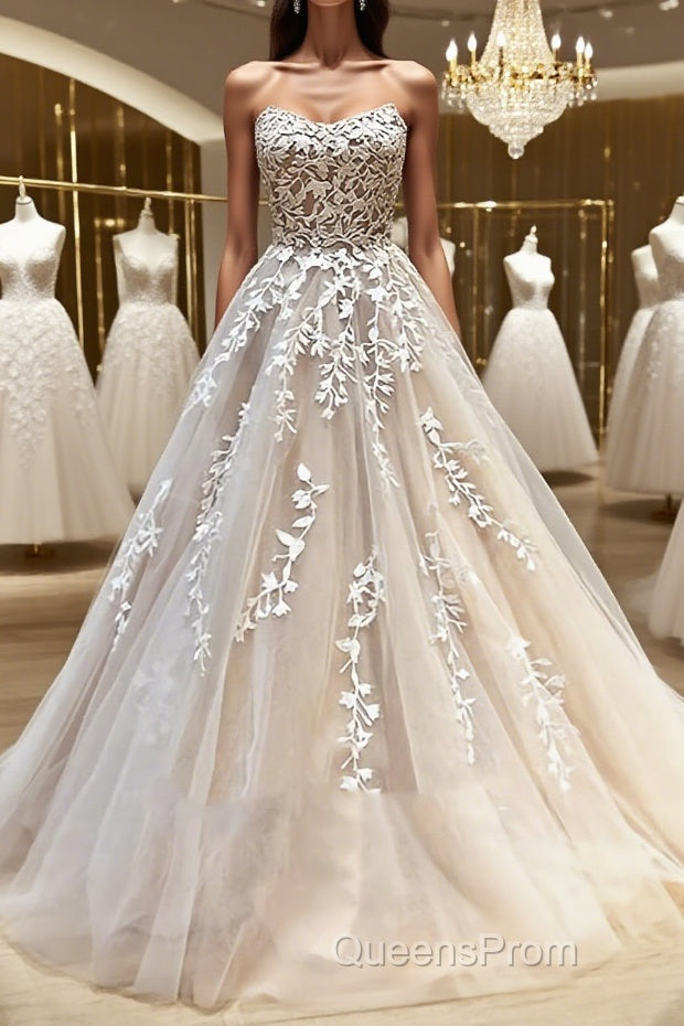 Backless Champagne Lace Wedding Dress, Backless Champagne Lace Formal Evening Prom Evening Dress