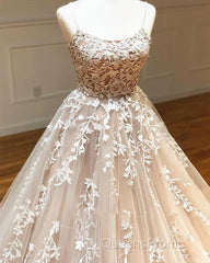 Backless Champagne Lace Wedding Dress, Backless Champagne Lace Formal Evening Prom Evening Dress