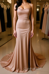 Backless Champagne Long Evening Prom Dress with High Slit, Long Champagne Formal Graduation Evening Dress