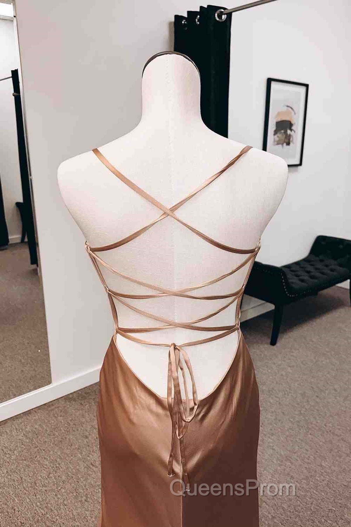Backless Champagne Long Evening Prom Dress with High Slit, Long Champagne Formal Graduation Evening Dress Secondary image