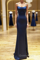 Backless Dark Navy Blue Long Evening Prom Dress, Dark Navy Blue Formal Graduation Evening Dress