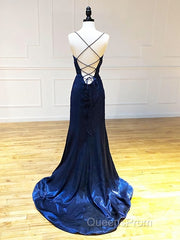 Backless Dark Navy Blue Long Evening Prom Dress, Dark Navy Blue Formal Graduation Evening Dress