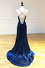 Backless Dark Navy Blue Long Evening Prom Dress Evening Dress