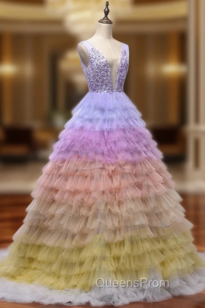 Backless Deep-V neck Tulle Multicolor Sleeveless Wedding Dress Main image