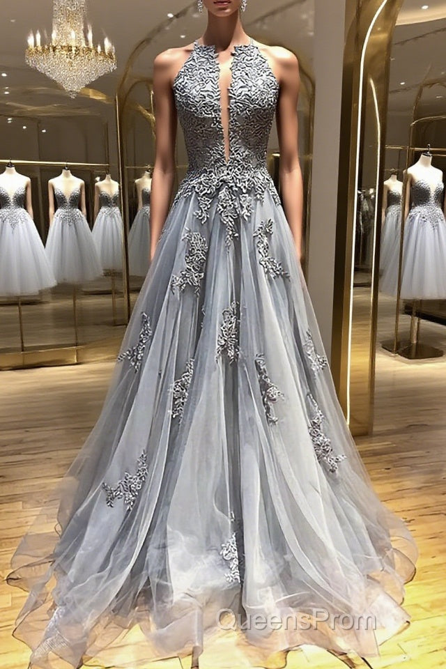 Backless Gray Lace Evening Prom Dress, Backless Gray Lace Formal Evening Graduation Dress Main image