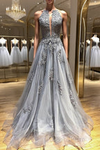 Backless Gray Lace Evening Prom Dress, Backless Gray Lace Formal Evening Graduation Dress