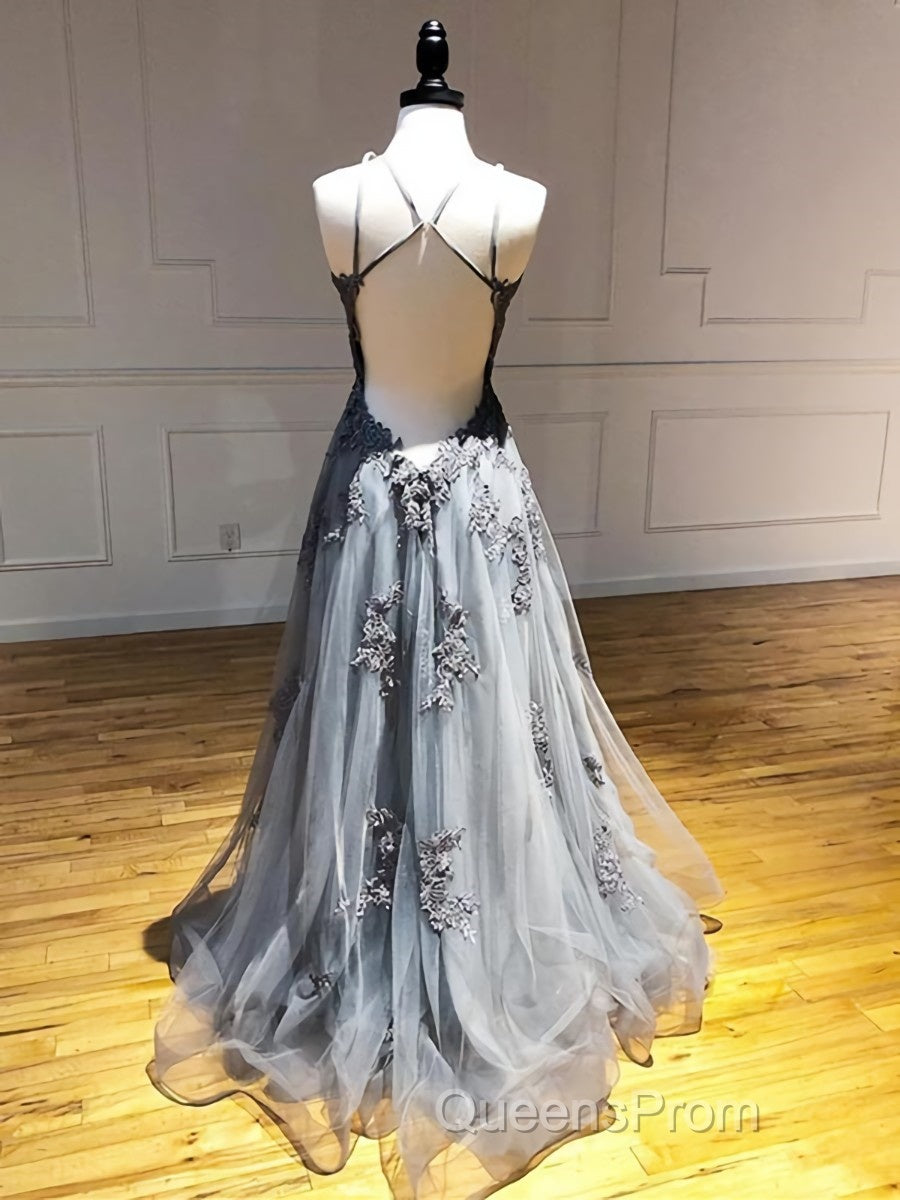 Backless Gray Lace Evening Prom Dress, Backless Gray Lace Formal Evening Graduation Dress