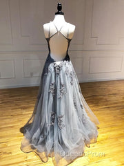 Backless Gray Lace Evening Prom Dress, Backless Gray Lace Formal Evening Graduation Dress