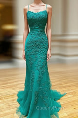 Backless Green Lace Mermaid Evening Prom Dress, Open Back Mermaid Lace Evening Dress