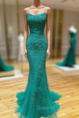 Backless Green Mermaid Lace Evening Prom Dress, Open Back Green Lace Mermaid Evening Dress